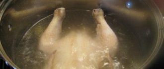To cook, the chicken carcass is placed in boiling or cold water.