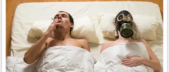 A smoking man and a woman in a gas mask lie on a mattress