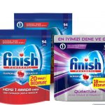 Three types of packaging of Finish cleaning tablets for the dishwasher