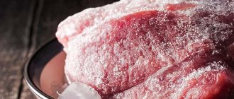 Frozen meat in ice water